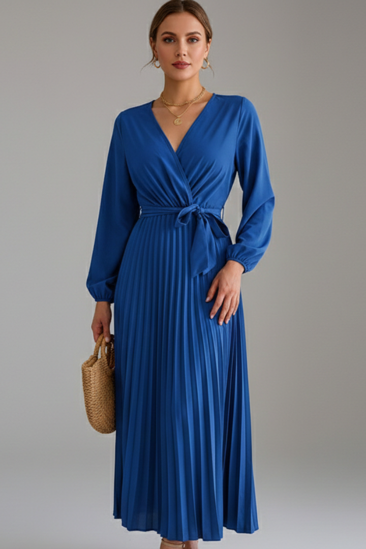Front angle of wrap dress with model posing