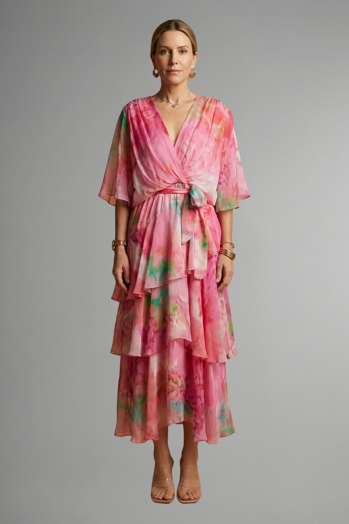 Woman with earring ang heels wearing printed maxi pink layered dress on gray background