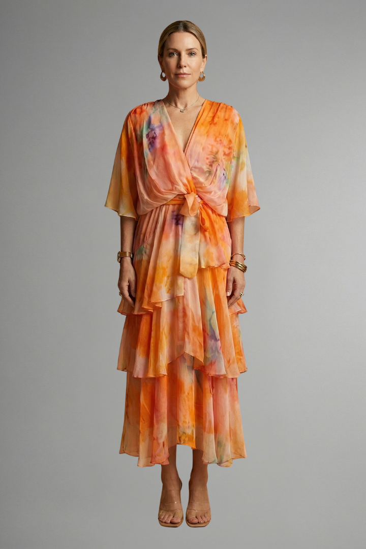 Gray background photo of printed flowing dress model