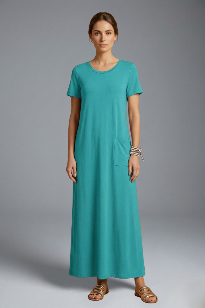 Model wearing woven long dress straight front pose