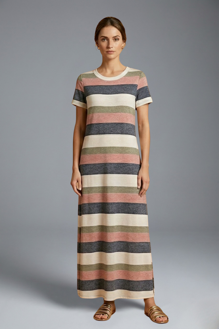 Woman modeling short sleeve full length flowing striped dress