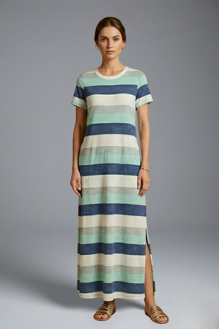 Full body model shot in relaxed maxi striped dress