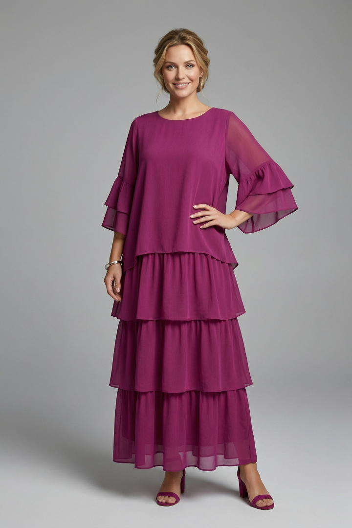 Front view female model in flowy maxi dress on gray background