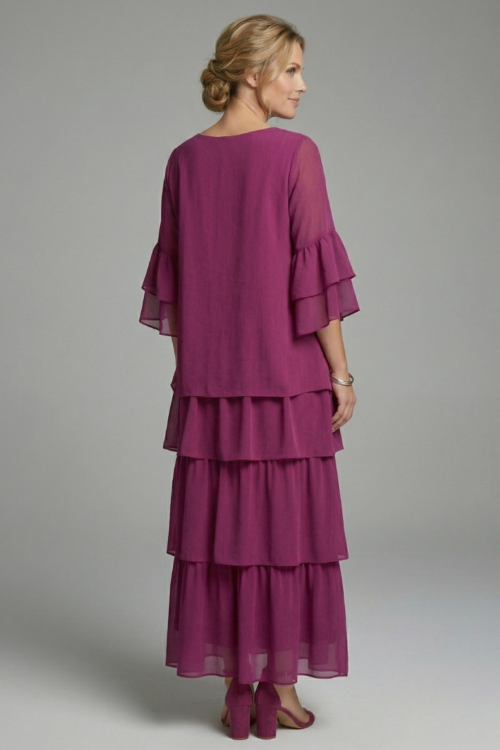 Back view relaxed long dress on gray background