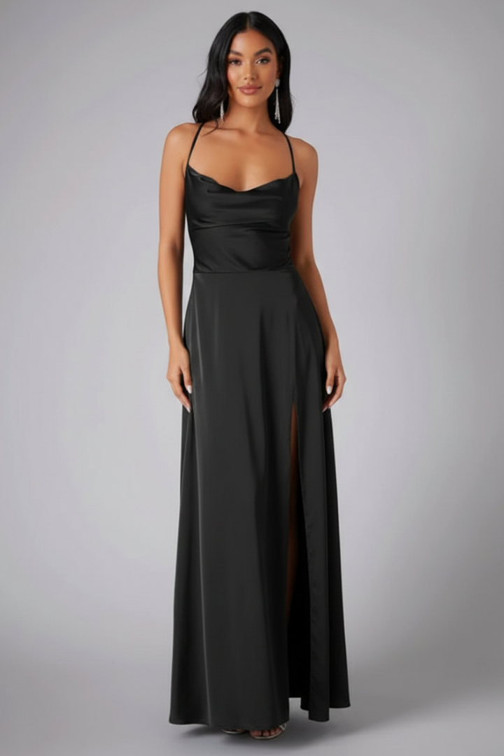 Female model wearing slim waist dress on plain gray background