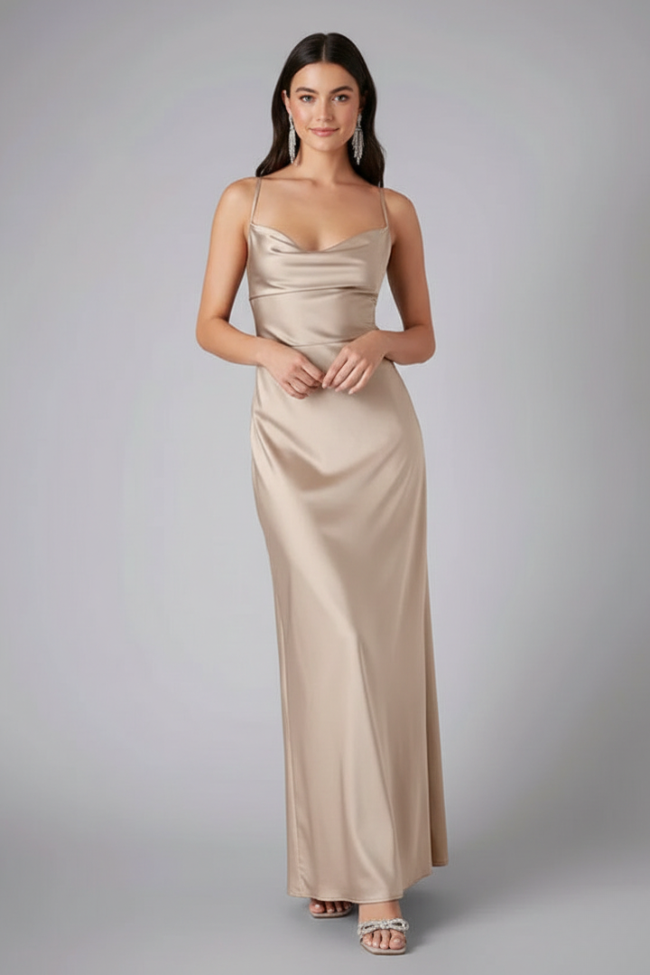 Woman displaying straight neckline dress against plain gray studio background
