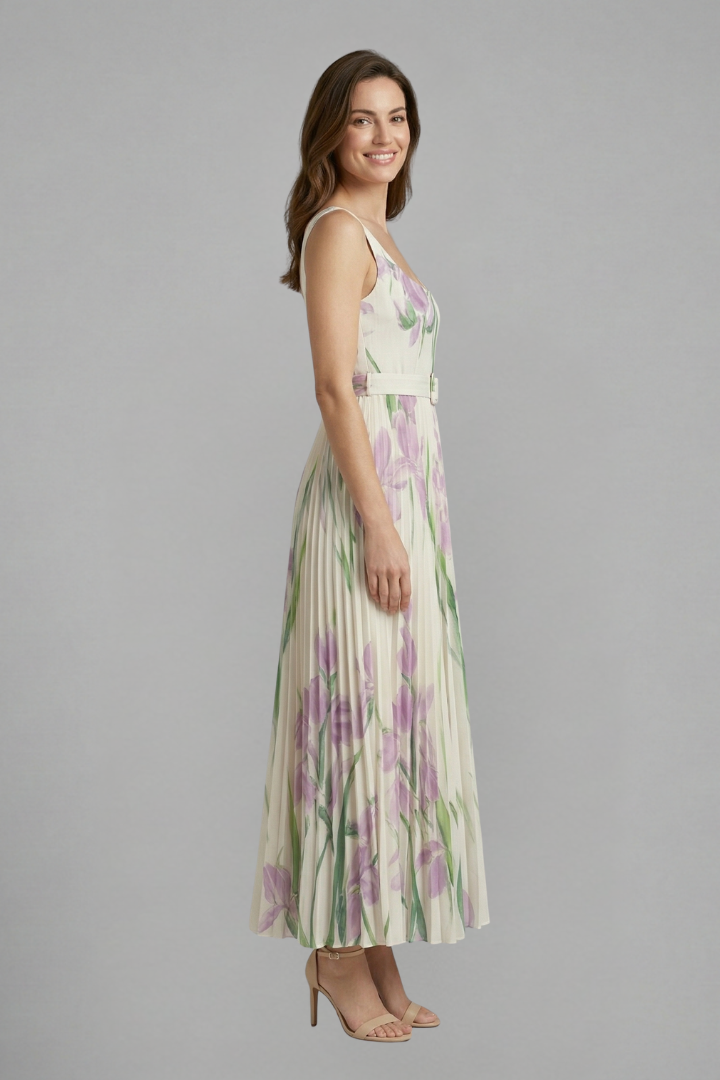 Femaile side angle floral maxi dress gray background