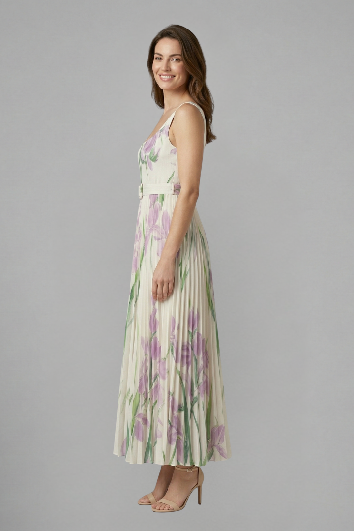 Model side profile floral maxi dress gray background