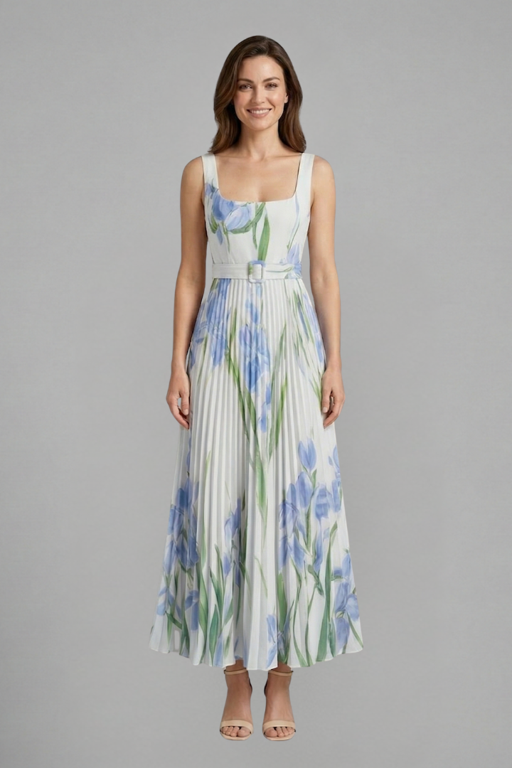 Model posing front floral pleated maxi dress gray