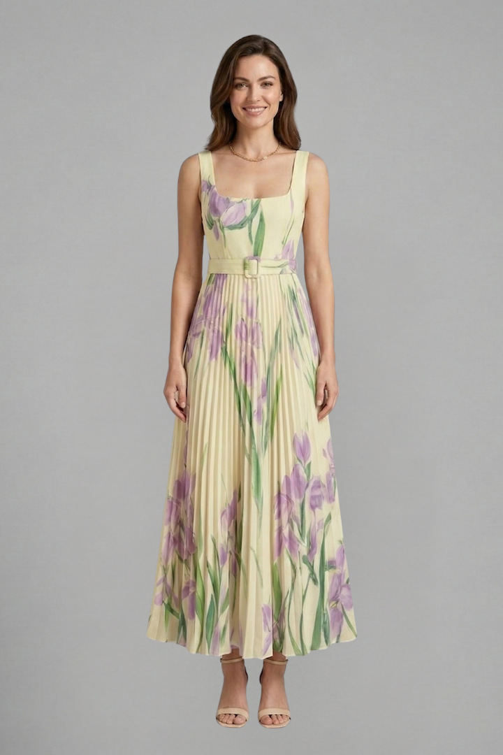 Model close up neckline floral dress gray background