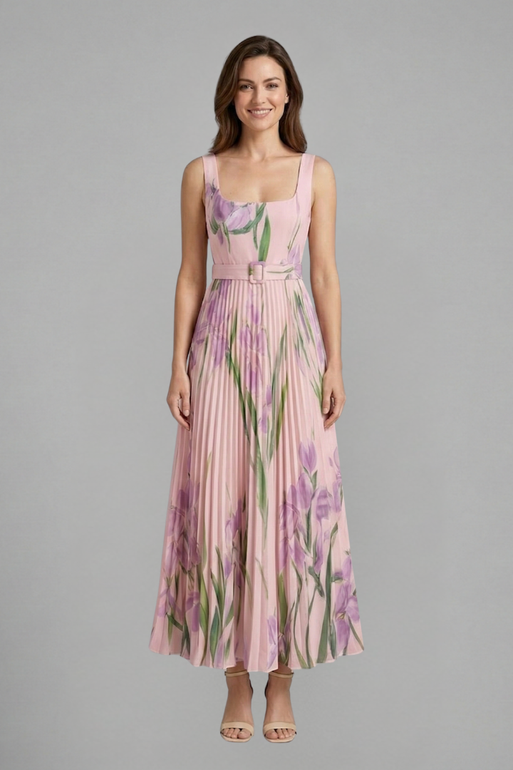 Model angled pose floral maxi dress gray background