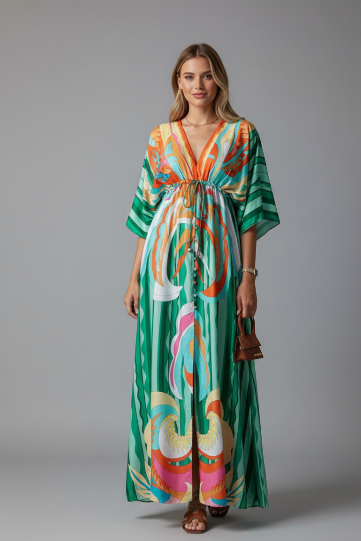 Woman wearing printed maxi dress with tie waist on gray background.