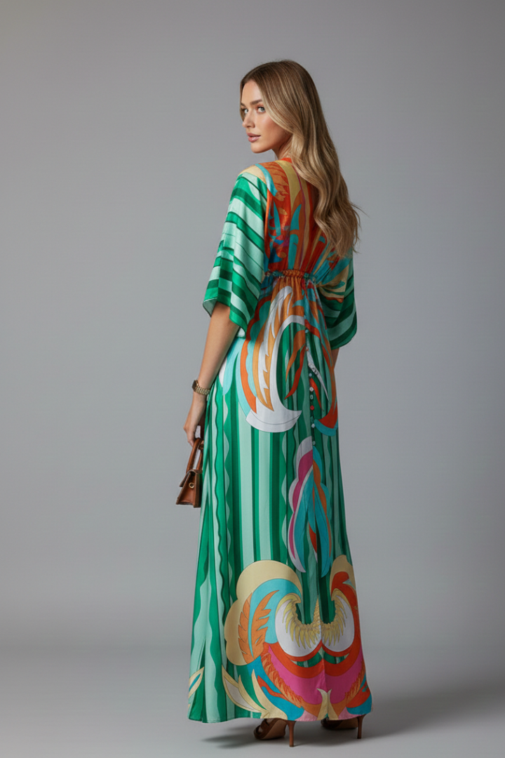 Female model posing in long printed dress with batwing sleeves.