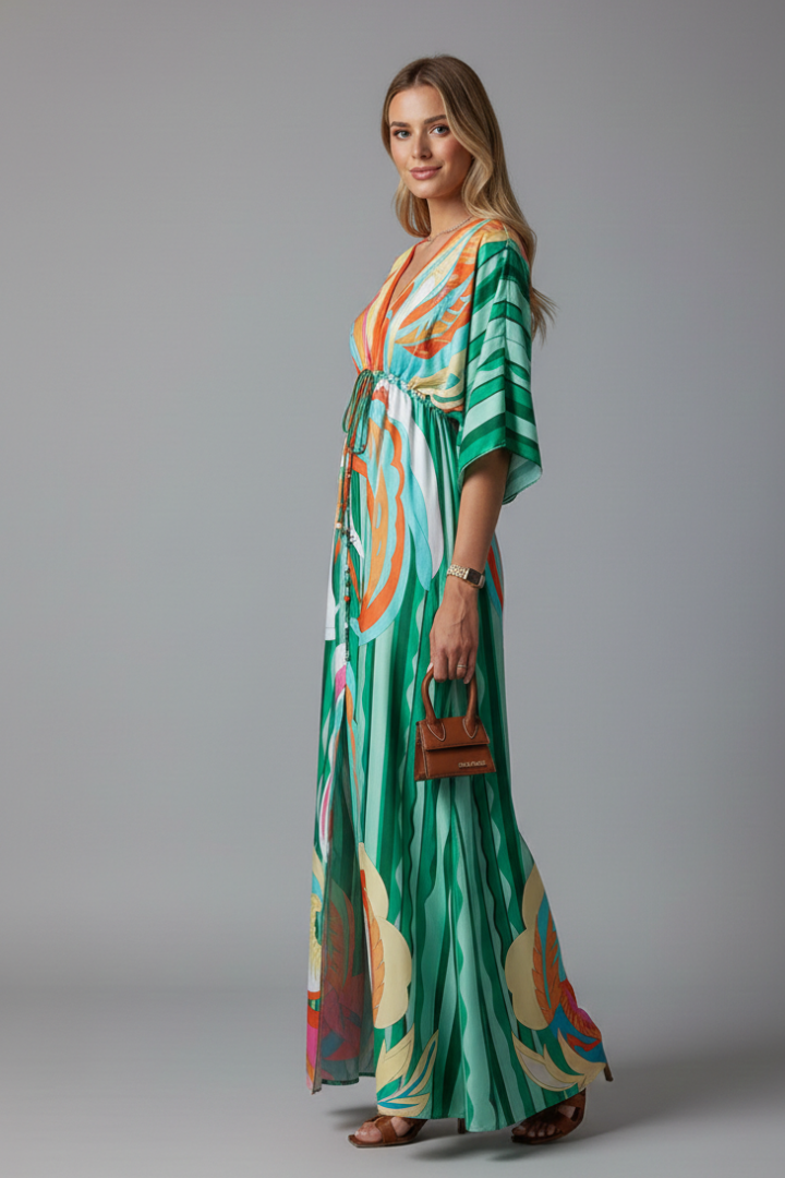 Woman front view in flowing printed dress on plain gray.
