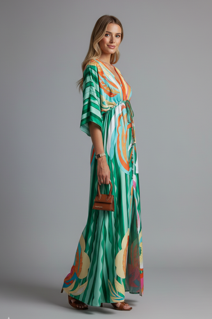 Female model showing V-neck printed dress with loose fit.