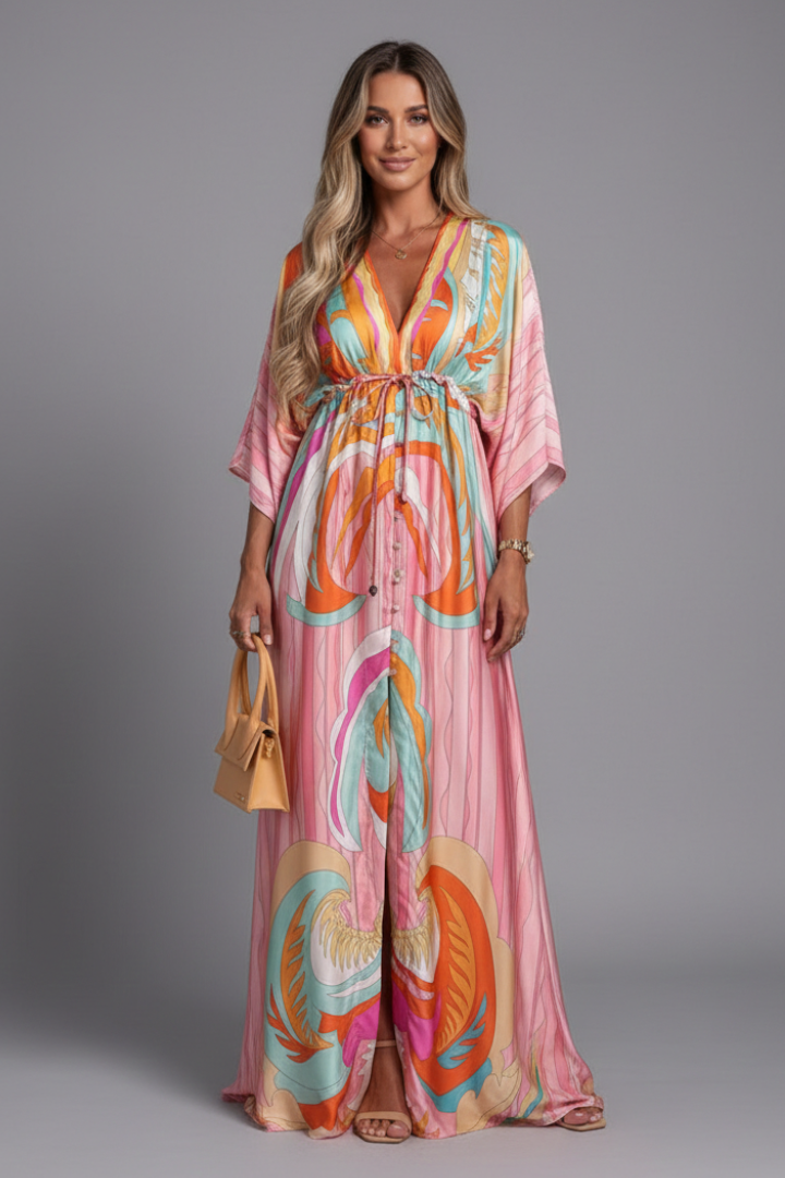 Woman standing in ankle-length printed dress against gray background.