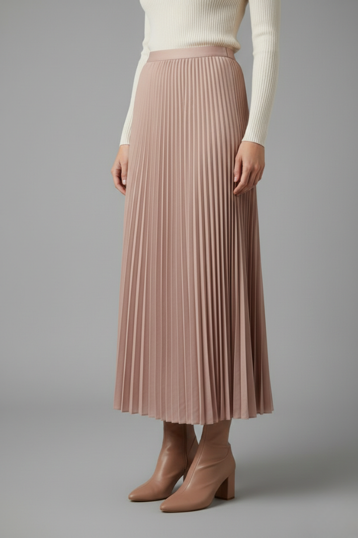 Side angle pleated floor-length skirt gray background