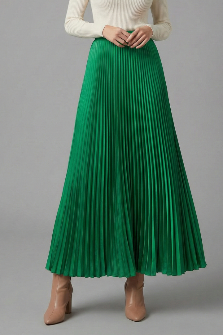 Close-up pleated texture green skirt gray background display