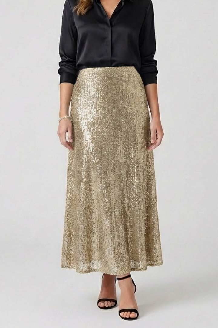 Front pose model in glamorous sequin skirt gray