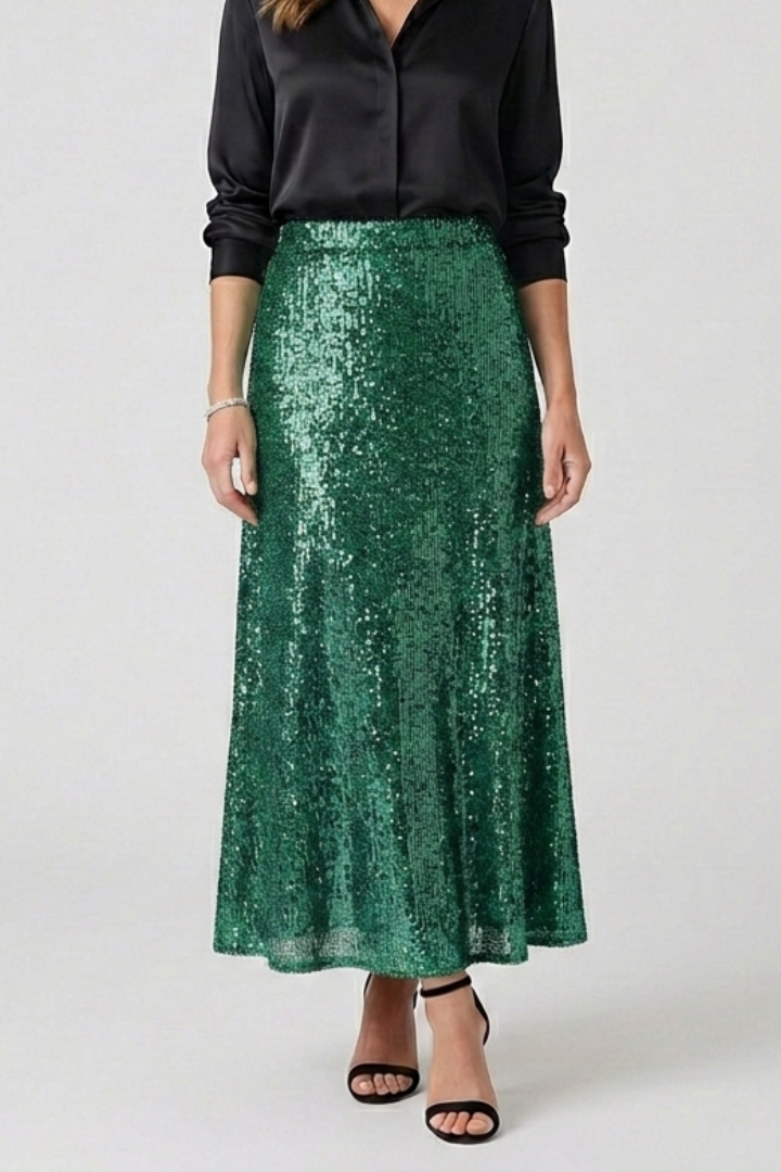 Front angle sparkling skirt styled on model gray background