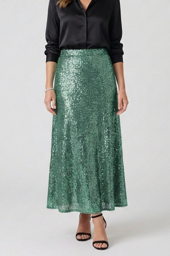 Model wearing elegant sequined green skirt on gray backdrop