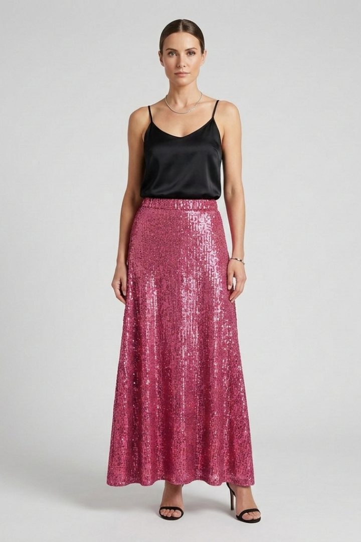 Model wearing sequin pink maxi skirt on gray background
