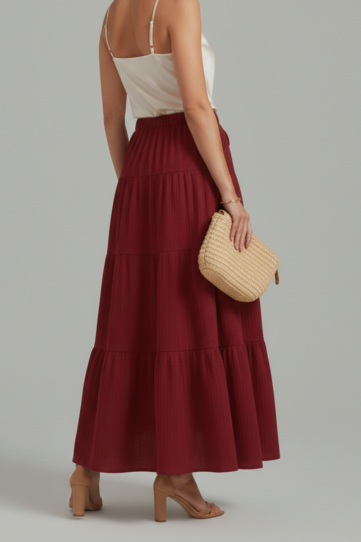 Back view of full length skirt in gray backdrop