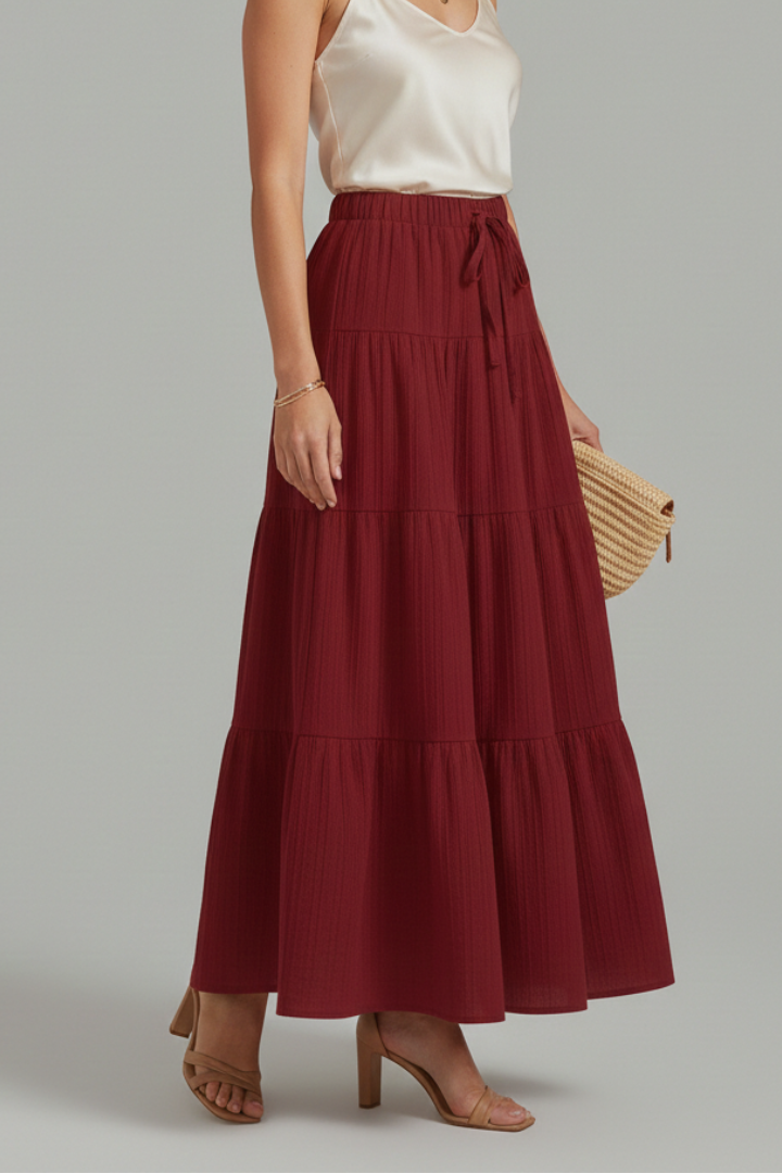 Front view of flowing maxi skirt with model