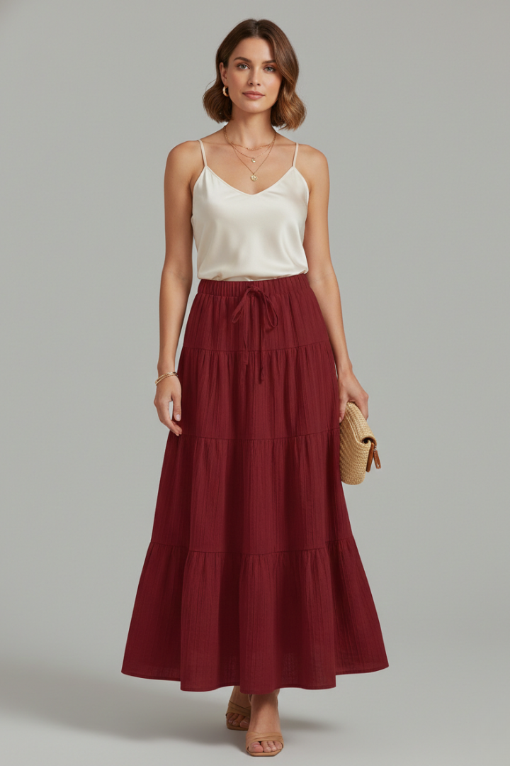 Model wearing long tiered skirt with white top on gray background