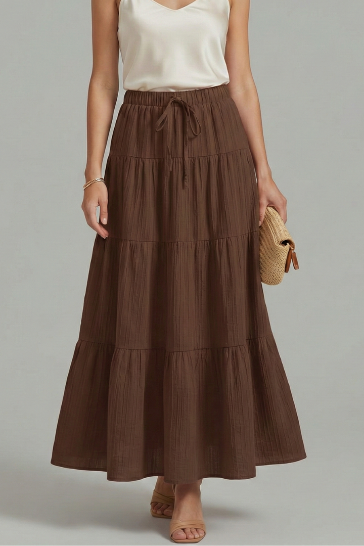 Woman's layered skirt back angle on model