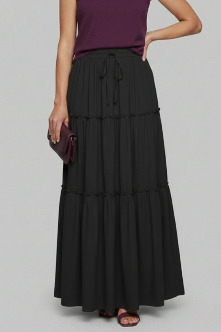Model showing drawstring waist skirt front view
