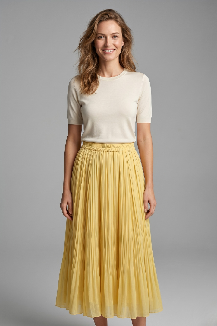 Female model wearing a long pleated skirt with a pull-on waist on a plain background.