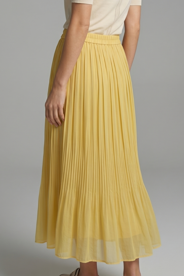 Woman in a flowing pleated skirt with vertical texture on a plain background.