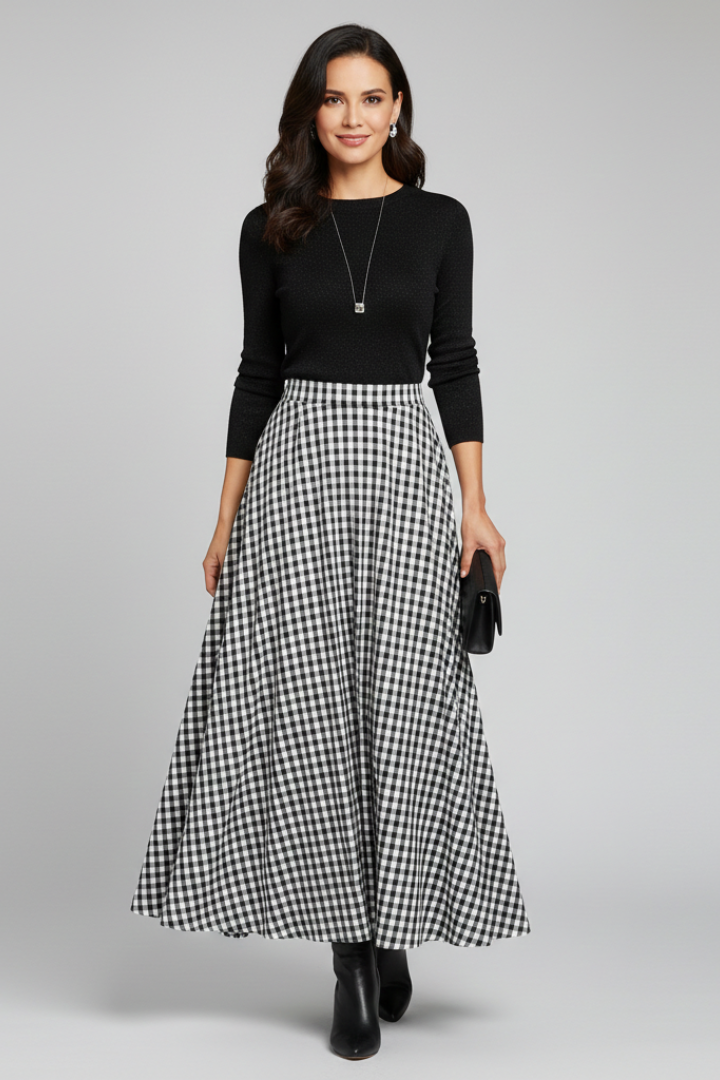 Model with clutch wearing checked maxi skirt, a boots and a black top in a front view gray background