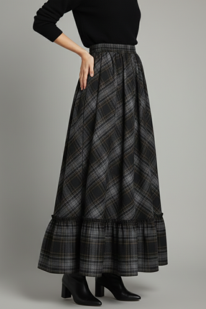 High waist plaid skirt on model studio gray background