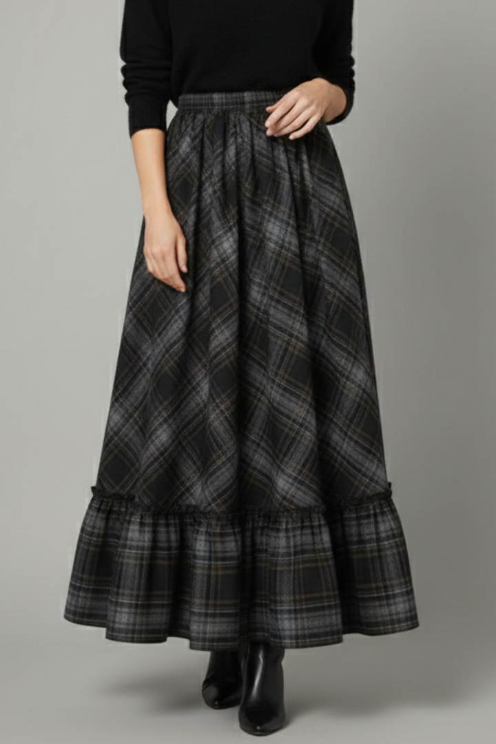 Full body model wearing long textured skirt