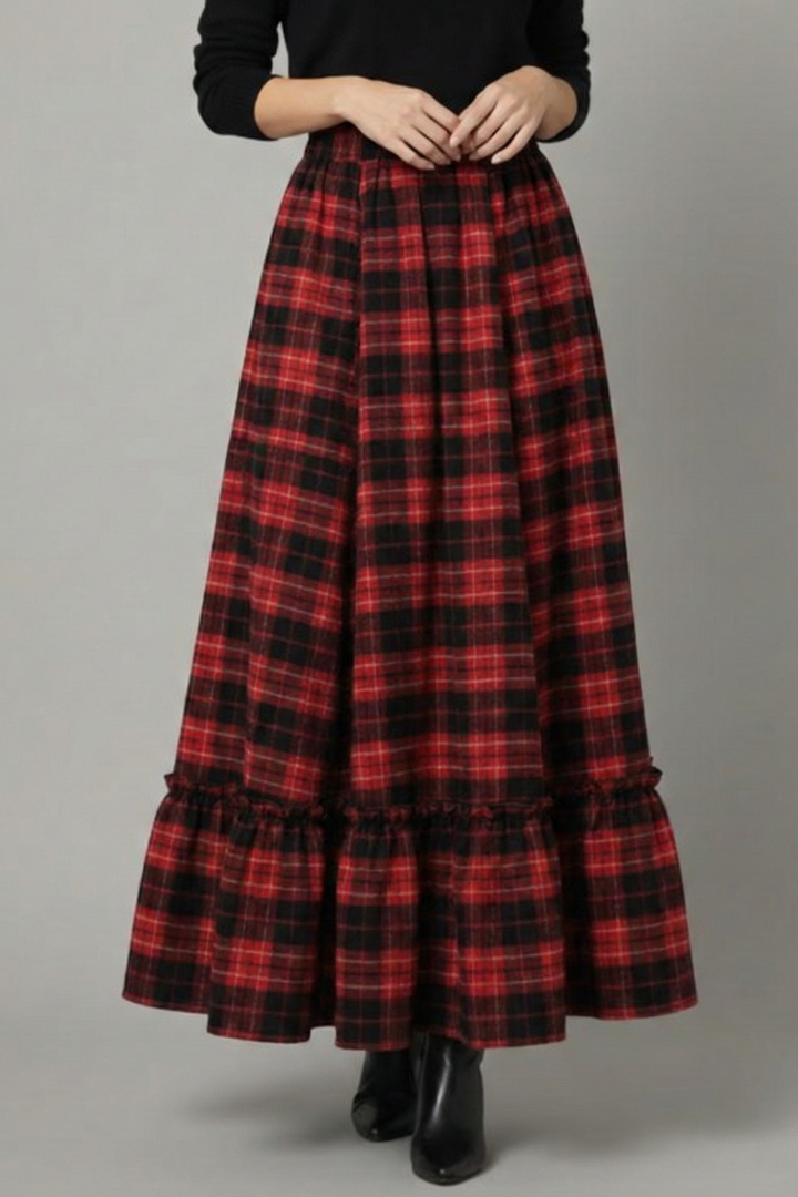 Model showing back angle of plaid maxi red skirt