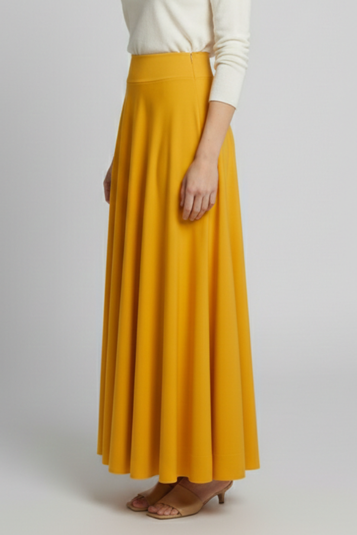 Side angle yellow skirt on model gray