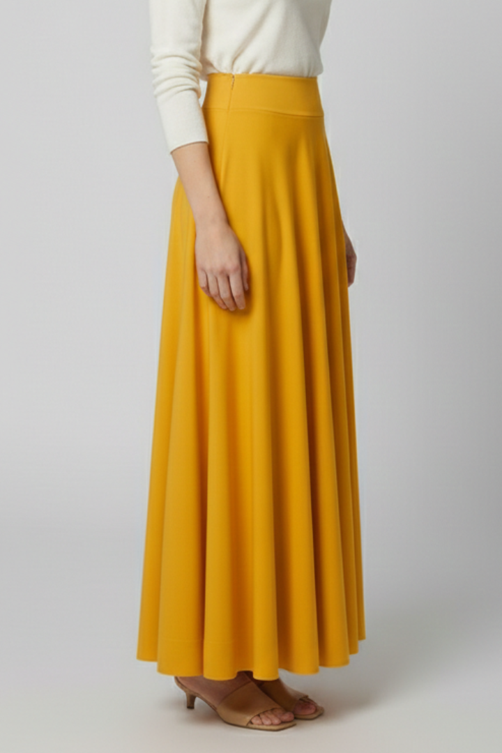 A-line skirt side profile with model standing