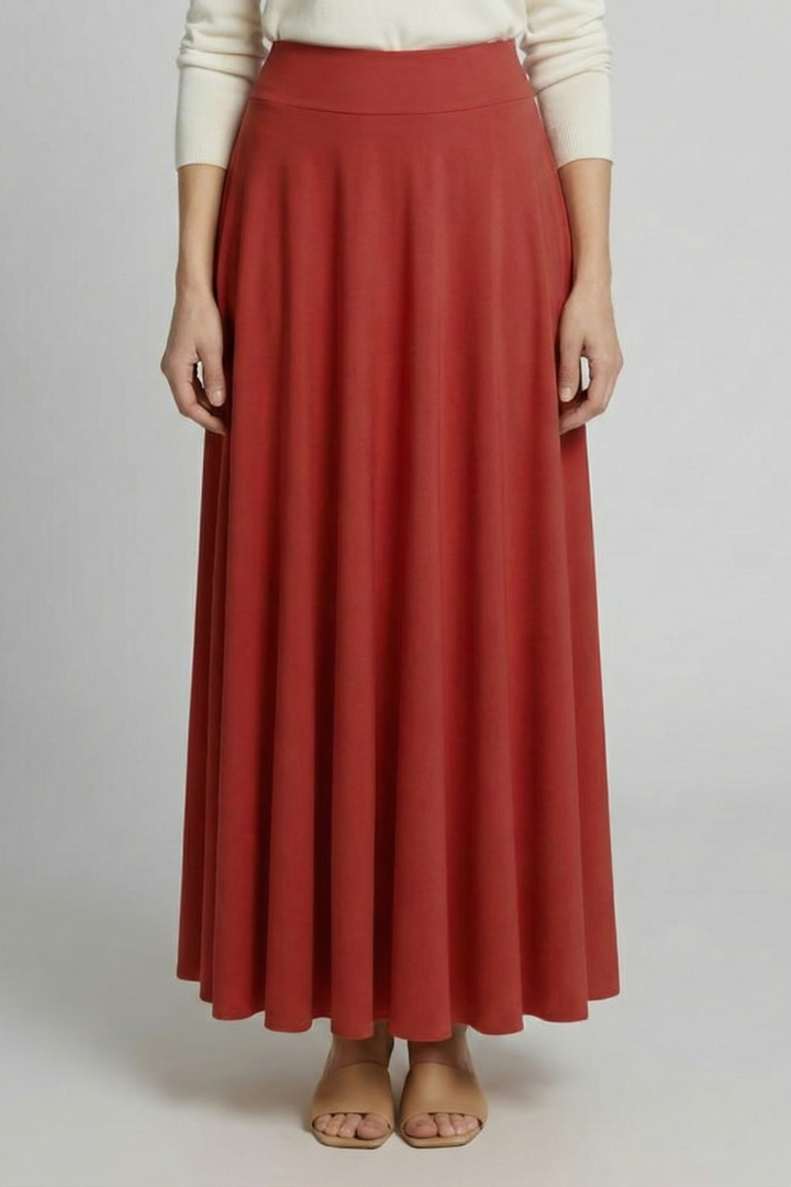 Full-length skirt with wide hem on model