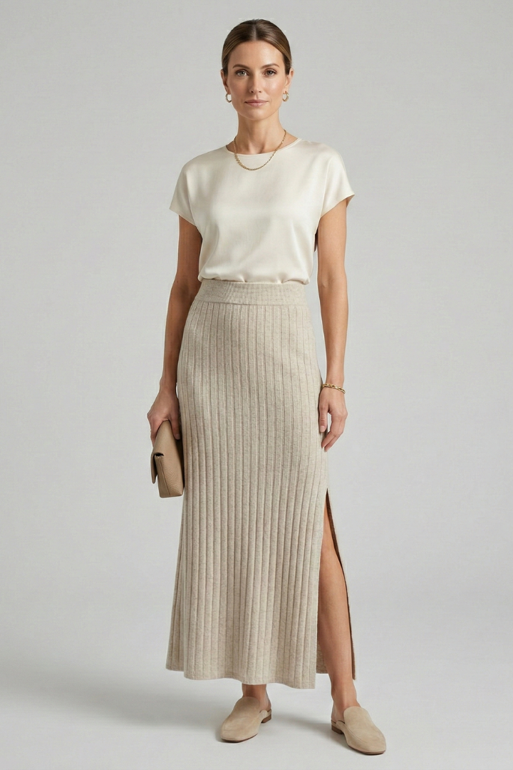Model wearing white top and ribbed maxi skirt in front view and gray background