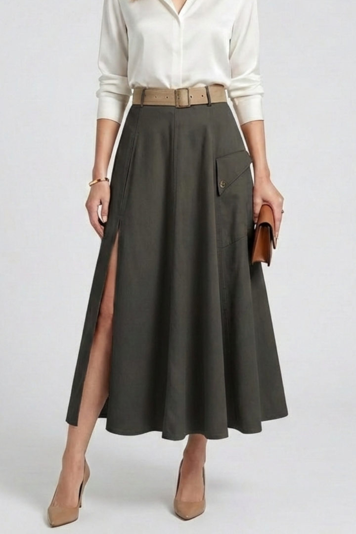 Model standing wearing maxi skirt pockets gray background