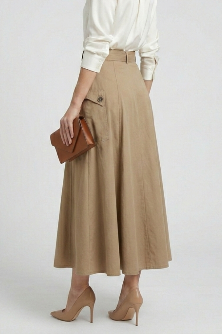Side view model with clutch wearing maxi skirt slit 