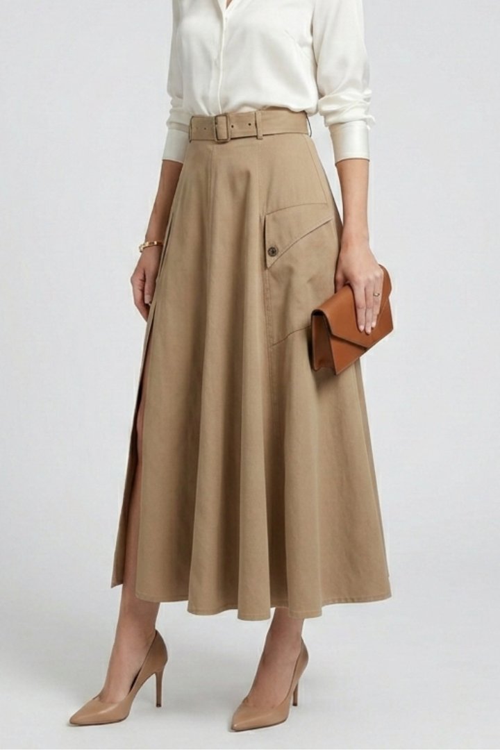 Model with clutch posing high waist long skirt gray backdrop