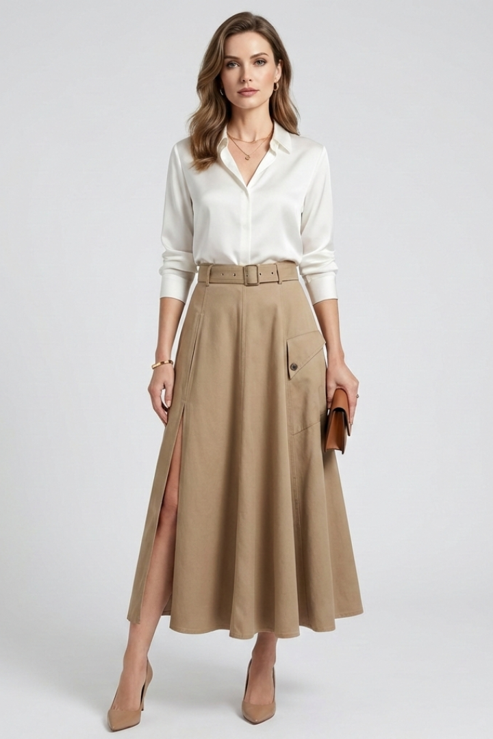 Model wearing long khaki skirt front slit gray background