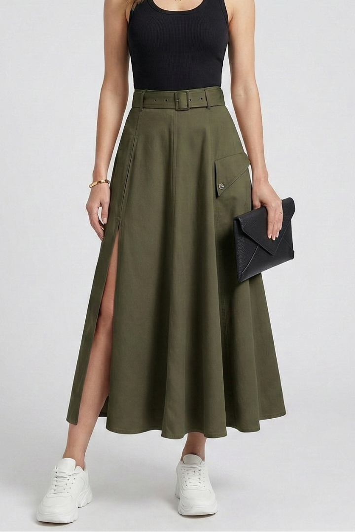 Front angle model wearing slit skirt gray background