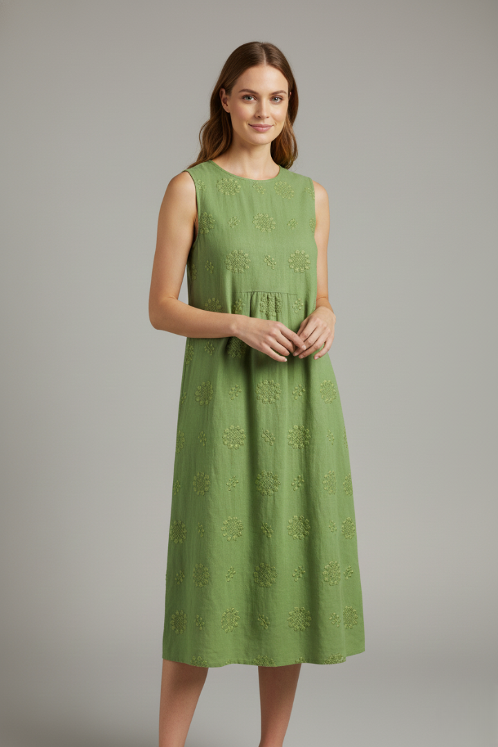 Female model showing front view of patterned midi dress indoors.