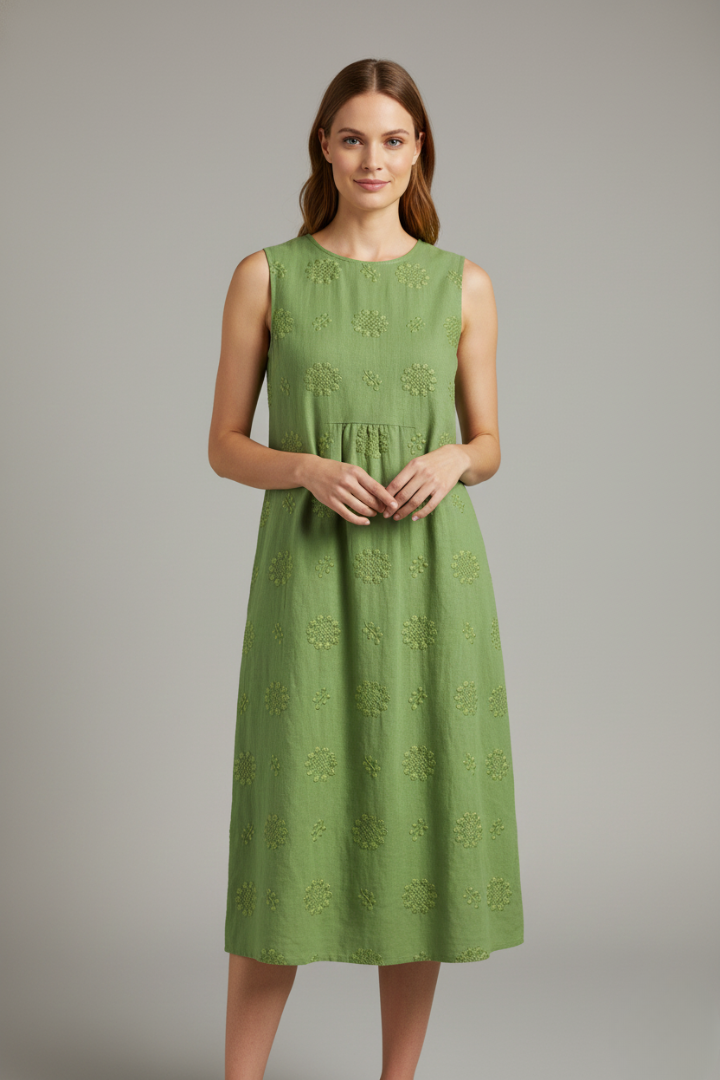 Woman wearing textured sleeveless midi dress on plain gray background.