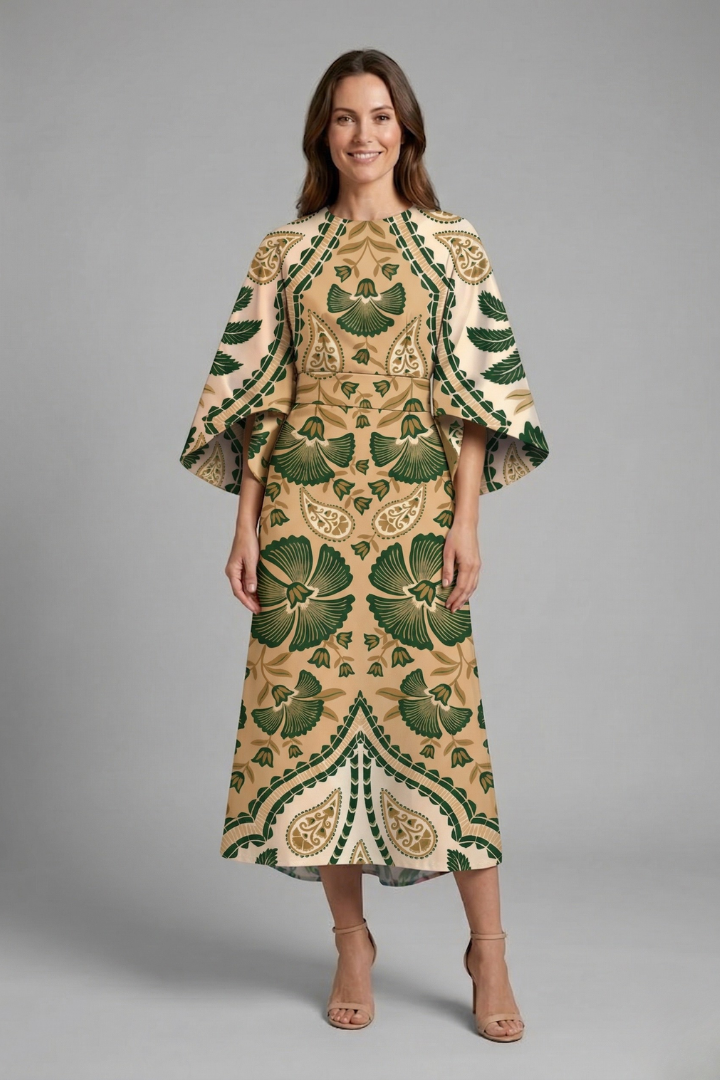 Woman full length pose in patterned dress on gray background.