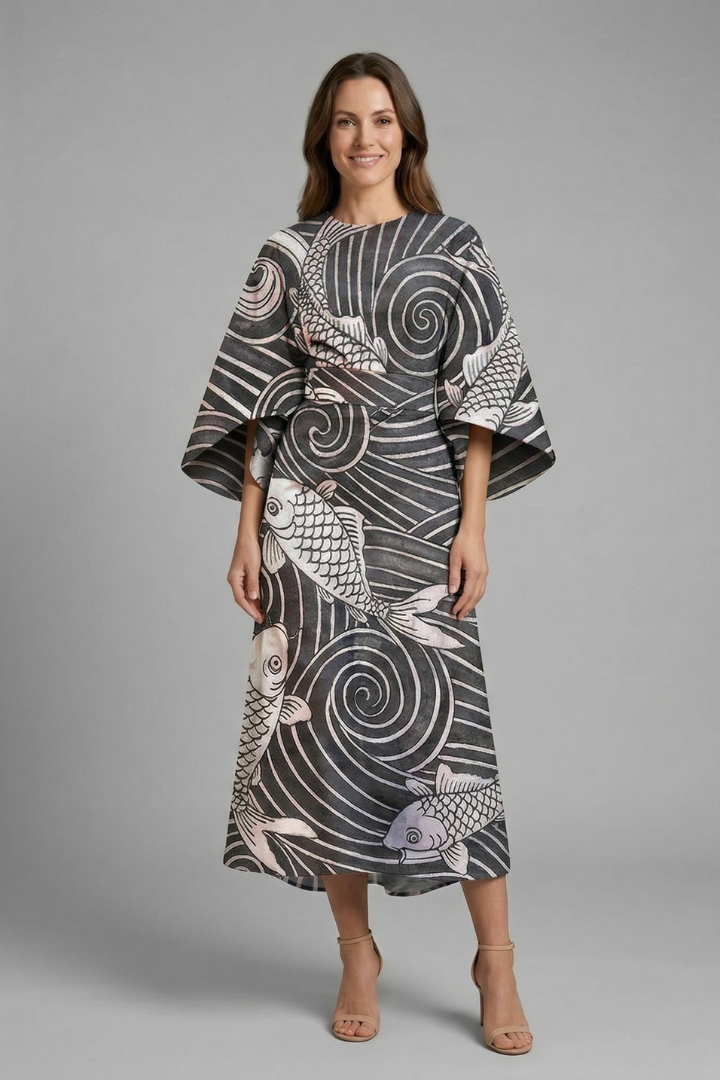 Female model displaying loose sleeve dress on plain gray background.